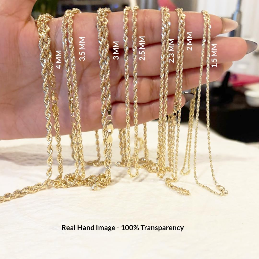 Solid 10K yellow gold rope chain necklace with diamond cut texture and lobster claw clasp, available in multiple widths