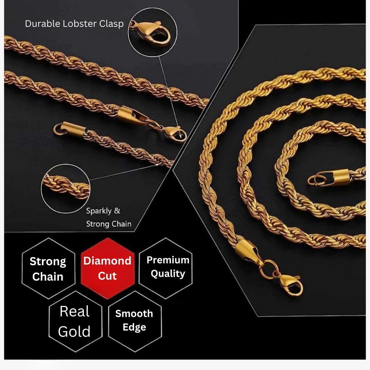 Solid 10K yellow gold rope chain necklace with diamond cut texture and lobster claw clasp, available in multiple widths