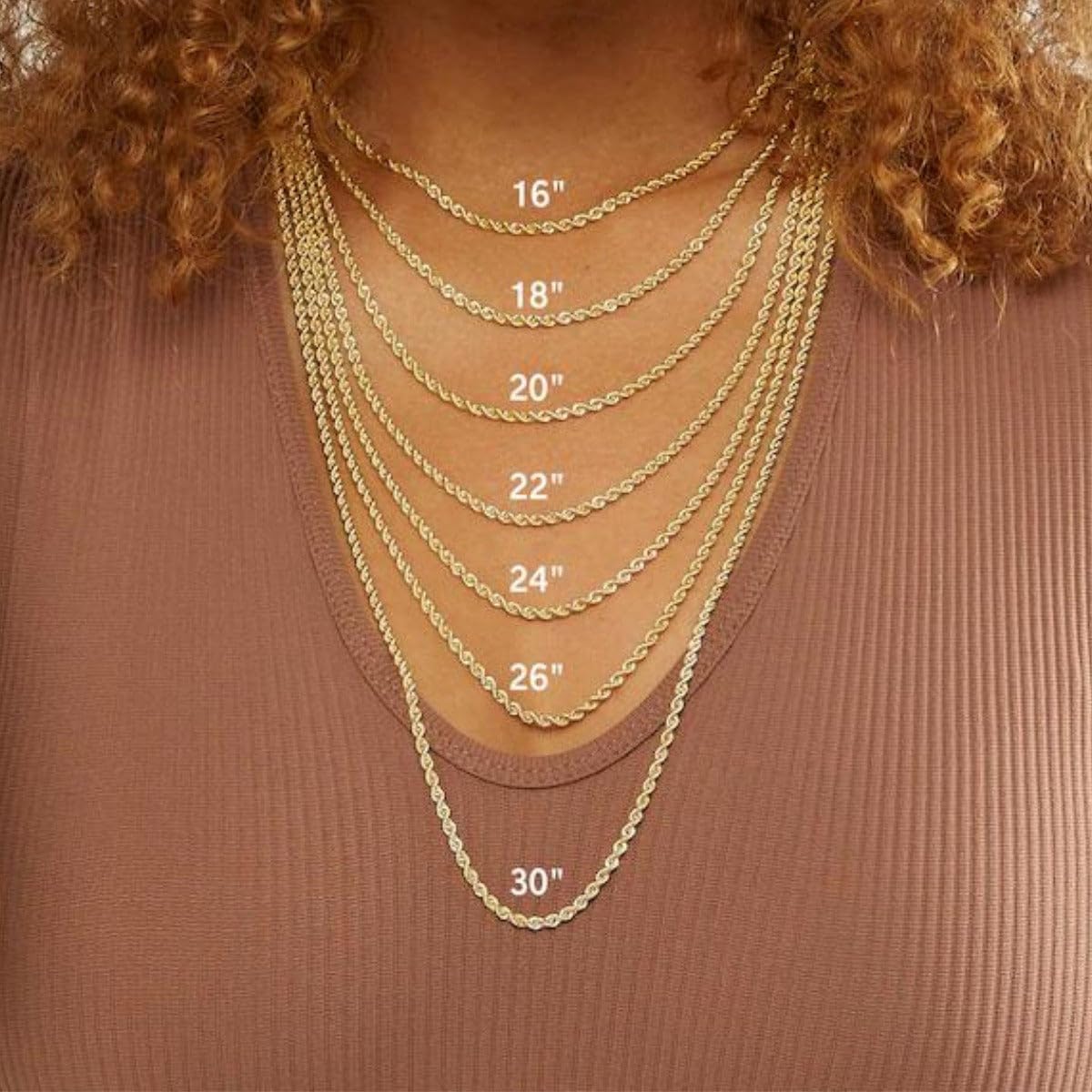 Solid 10K yellow gold rope chain necklace with diamond cut texture and lobster claw clasp, available in multiple widths