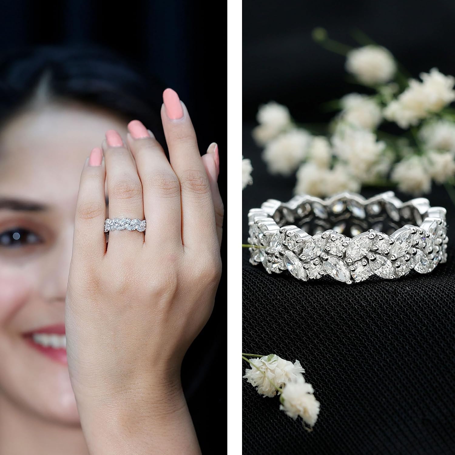 14k gold eternity ring with marquise lab grown diamonds, classic wedding band style