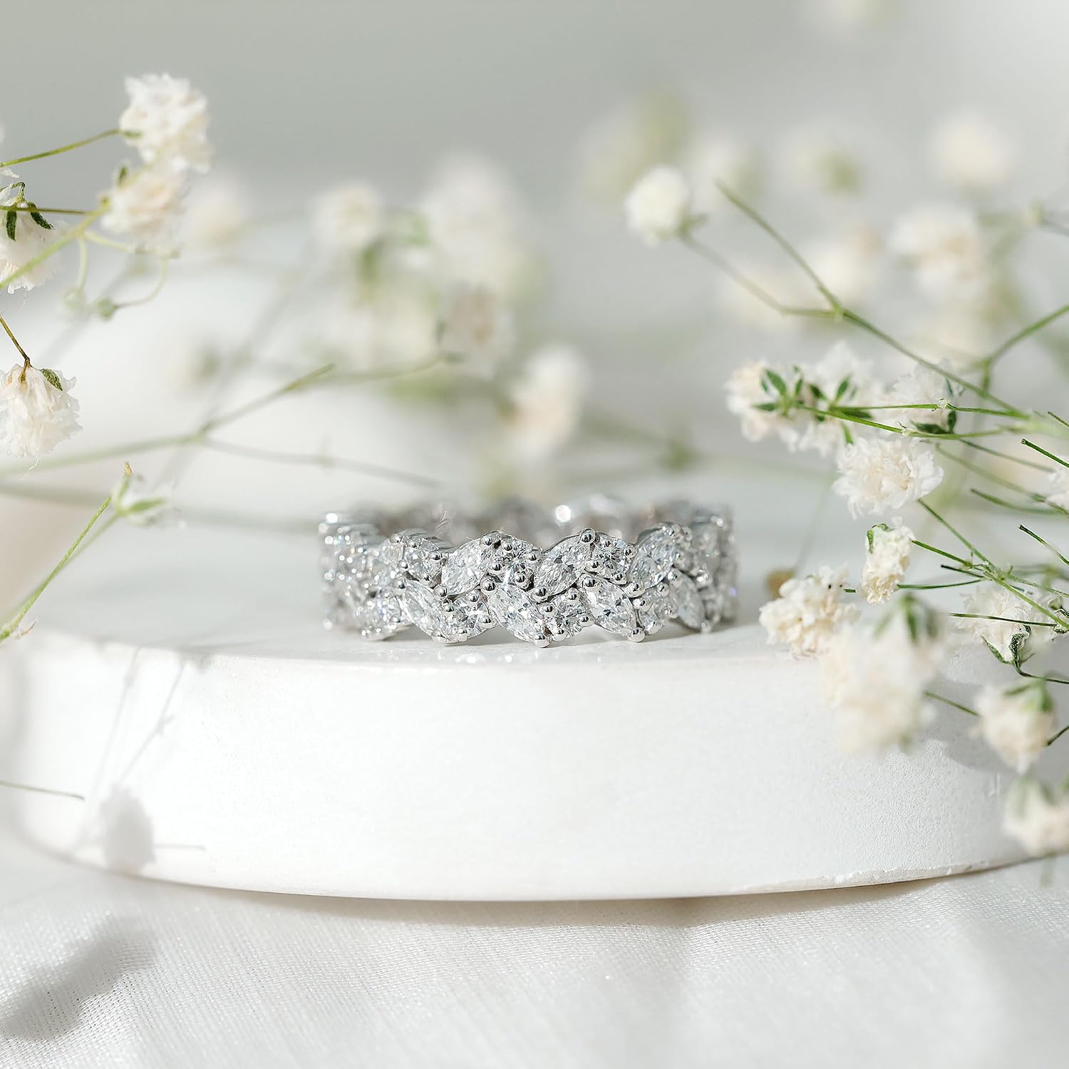 14k gold eternity ring with marquise lab grown diamonds, classic wedding band style