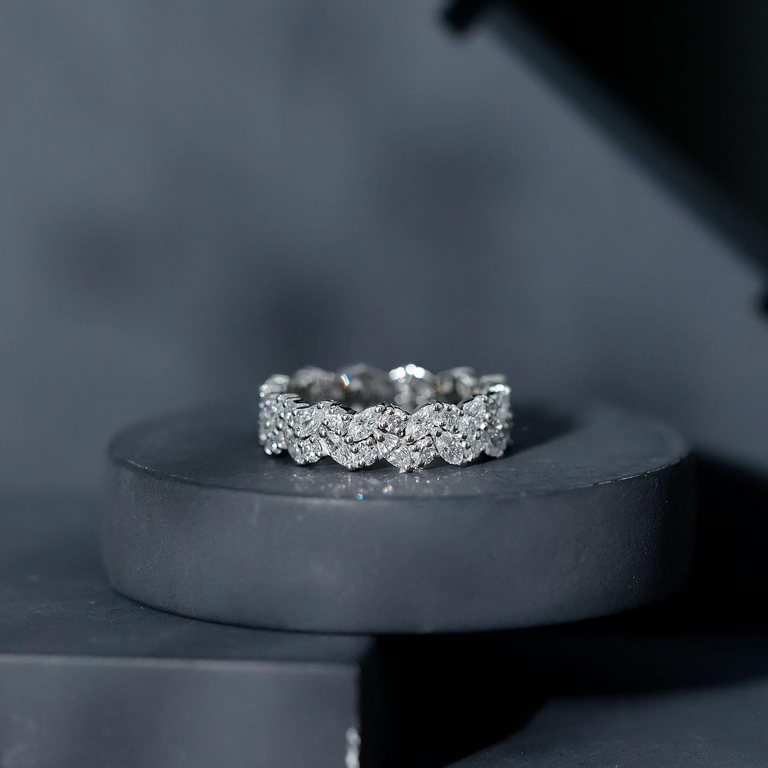 14k gold eternity ring with marquise lab grown diamonds, classic wedding band style