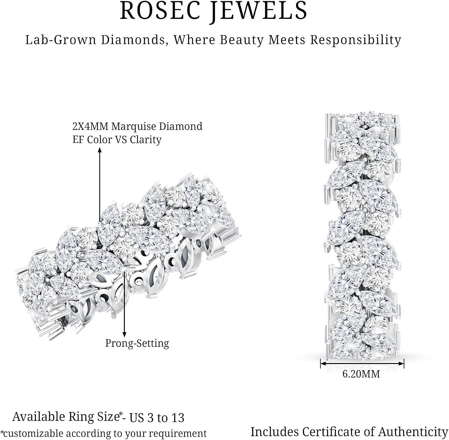 14k gold eternity ring with marquise lab grown diamonds, classic wedding band style