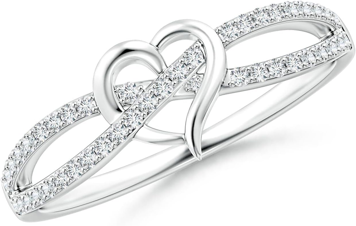 Sterling silver promise ring with round diamond criss cross heart design, romantic infinity style