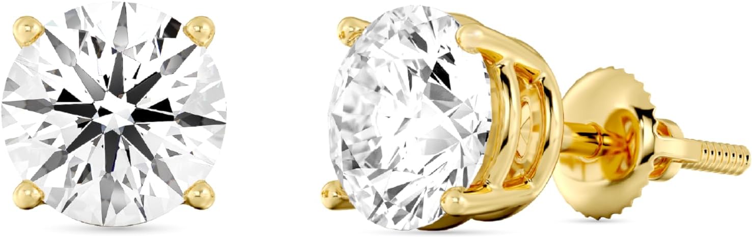 14K gold lab-grown diamond stud earrings with screw-back security, round and princess cut options, classic four-prong basket setting