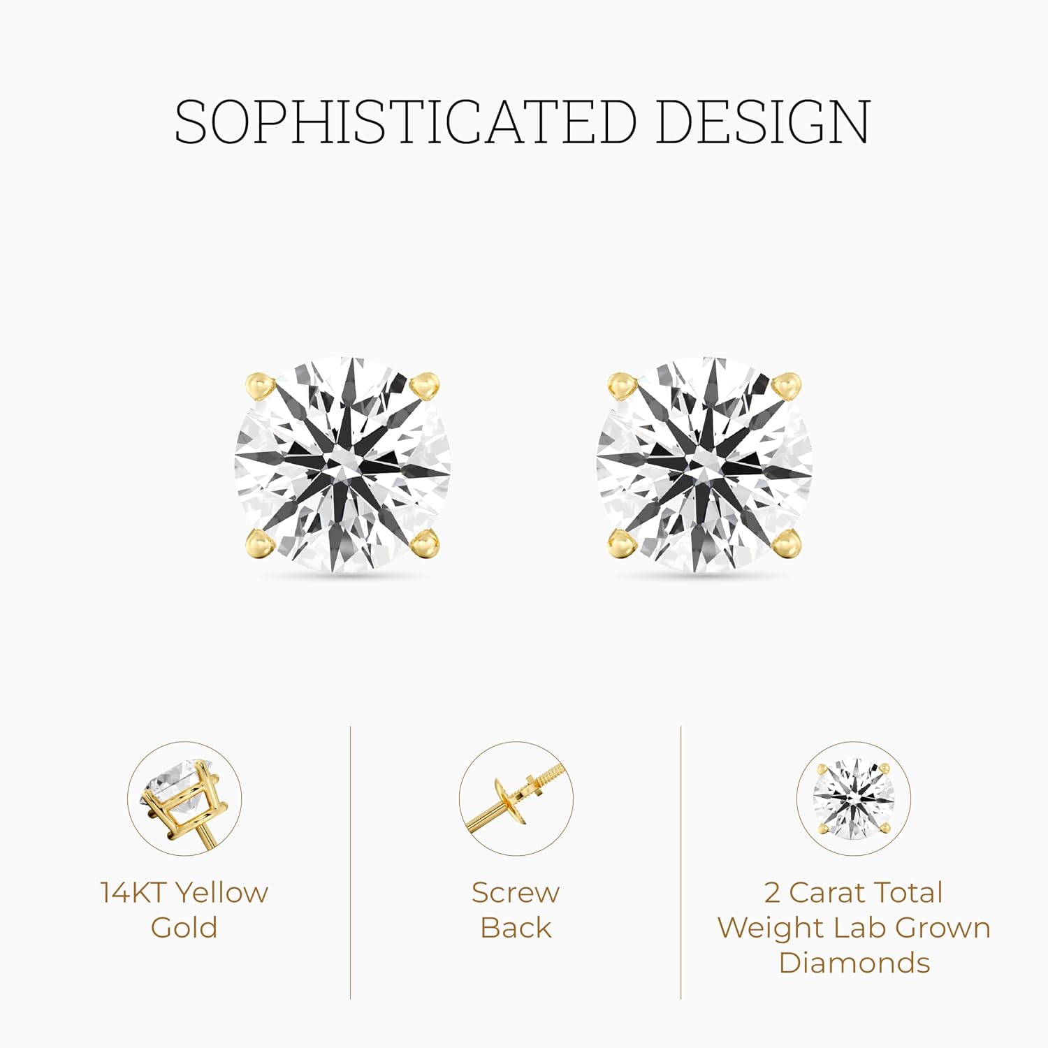 14K gold lab-grown diamond stud earrings with screw-back security, round and princess cut options, classic four-prong basket setting