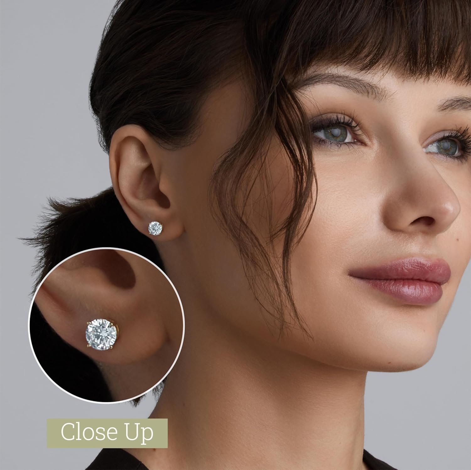 14K gold lab-grown diamond stud earrings with screw-back security, round and princess cut options, classic four-prong basket setting