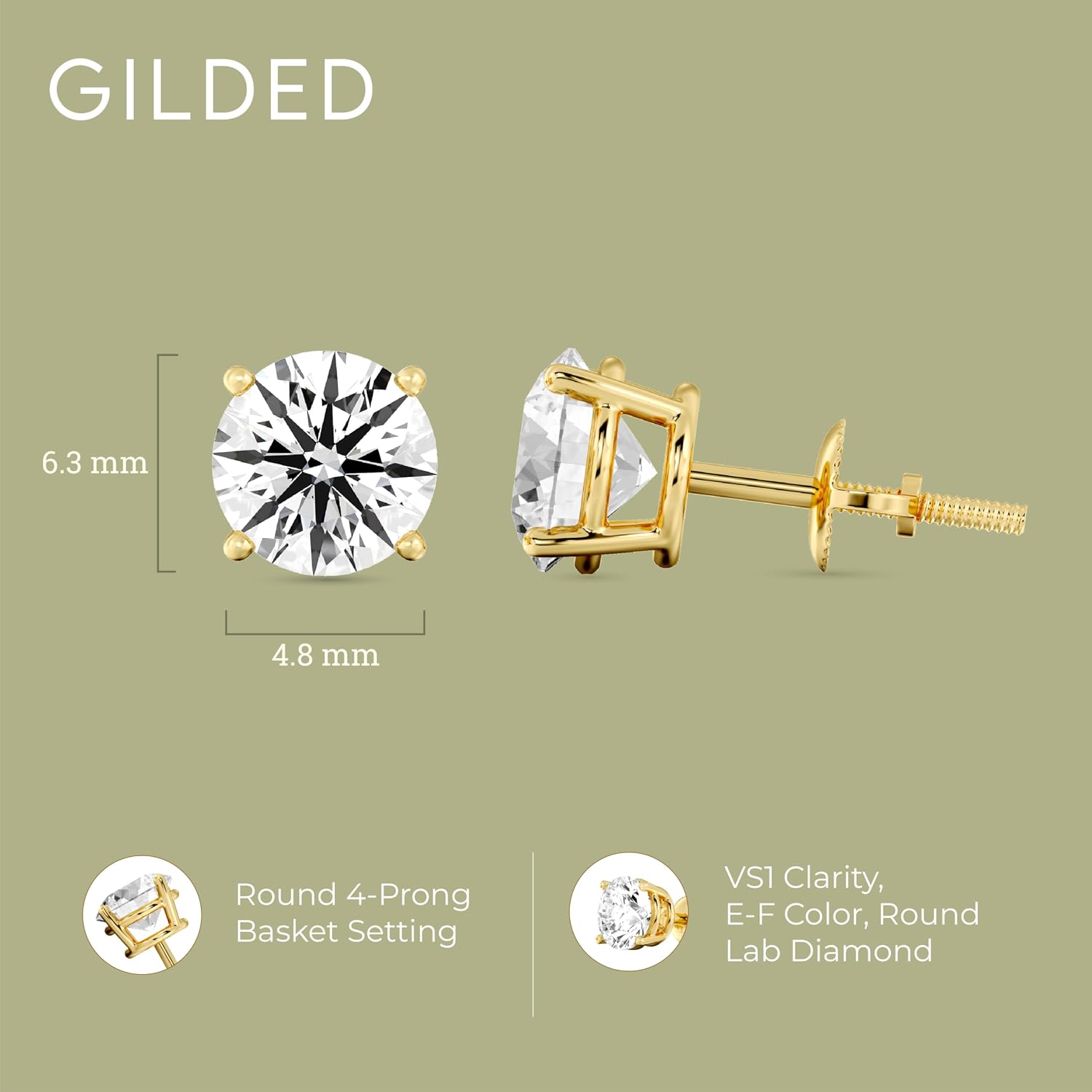14K gold lab-grown diamond stud earrings with screw-back security, round and princess cut options, classic four-prong basket setting
