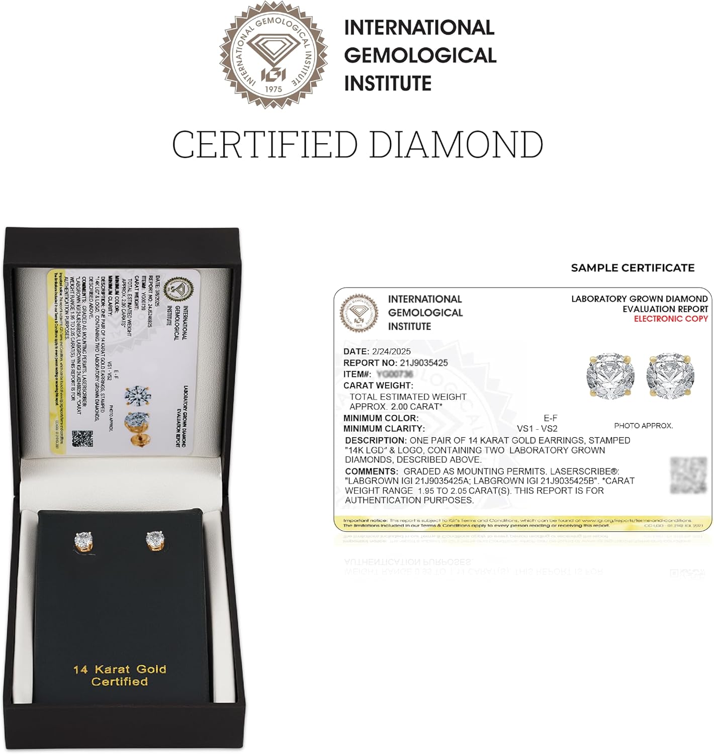 14K gold lab-grown diamond stud earrings with screw-back security, round and princess cut options, classic four-prong basket setting