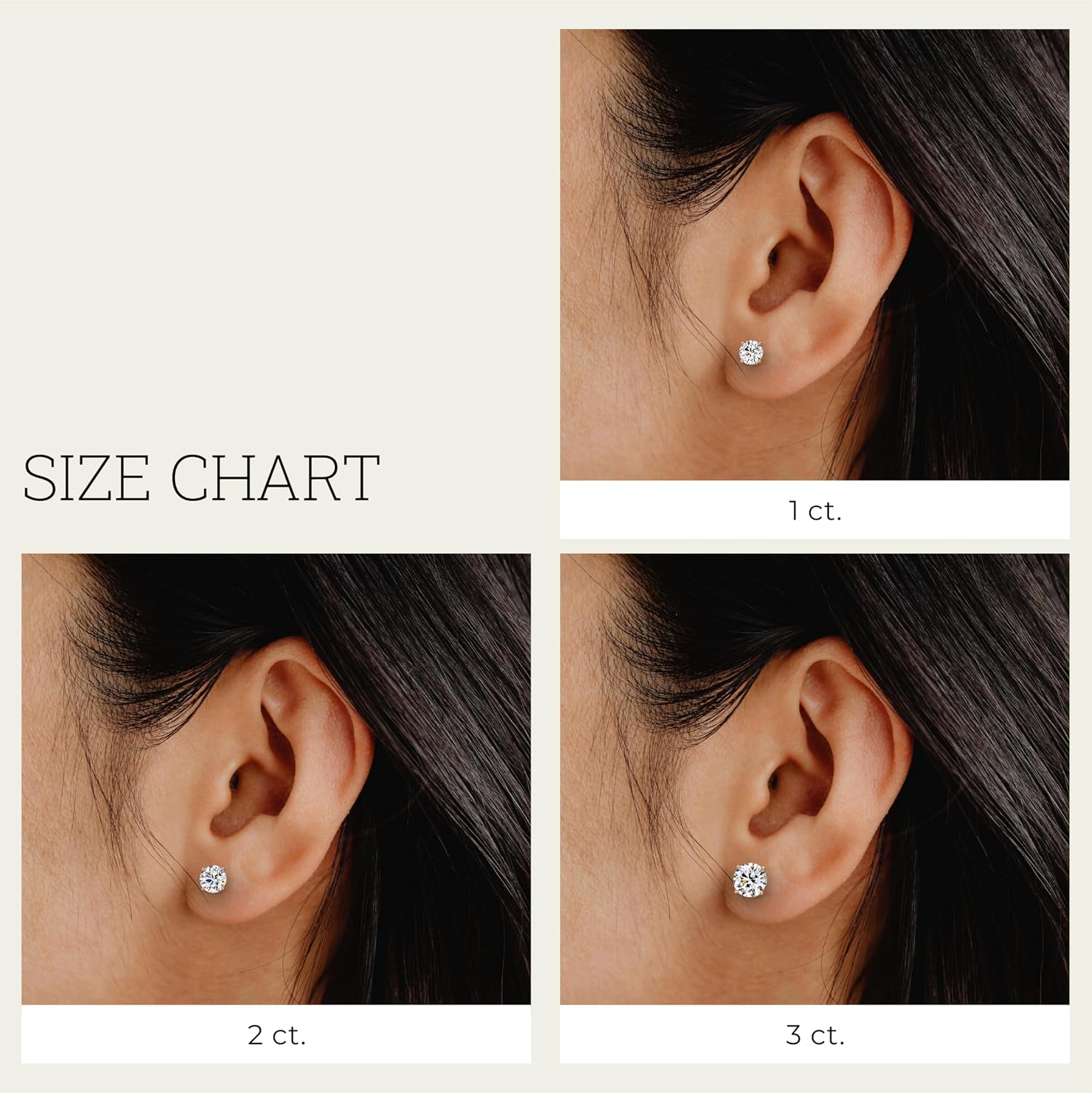 14K gold lab-grown diamond stud earrings with screw-back security, round and princess cut options, classic four-prong basket setting