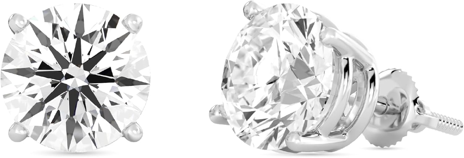 14K gold lab-grown diamond stud earrings with screw-back security, round and princess cut options, classic four-prong basket setting