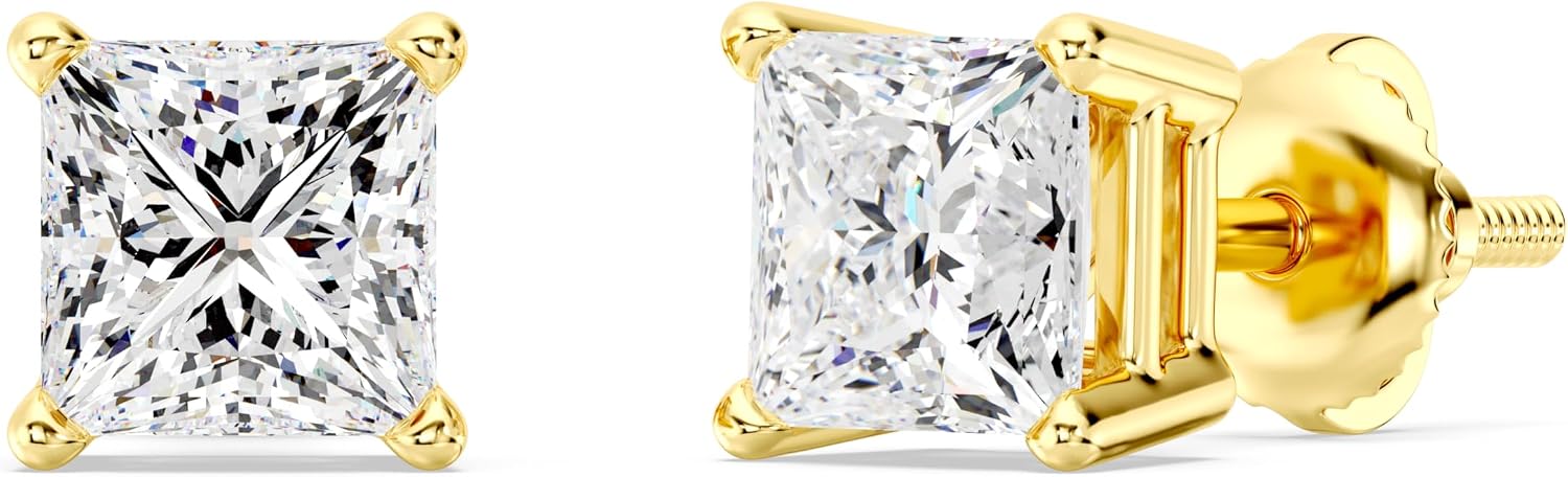 14K gold lab-grown diamond stud earrings with screw-back security, round and princess cut options, classic four-prong basket setting