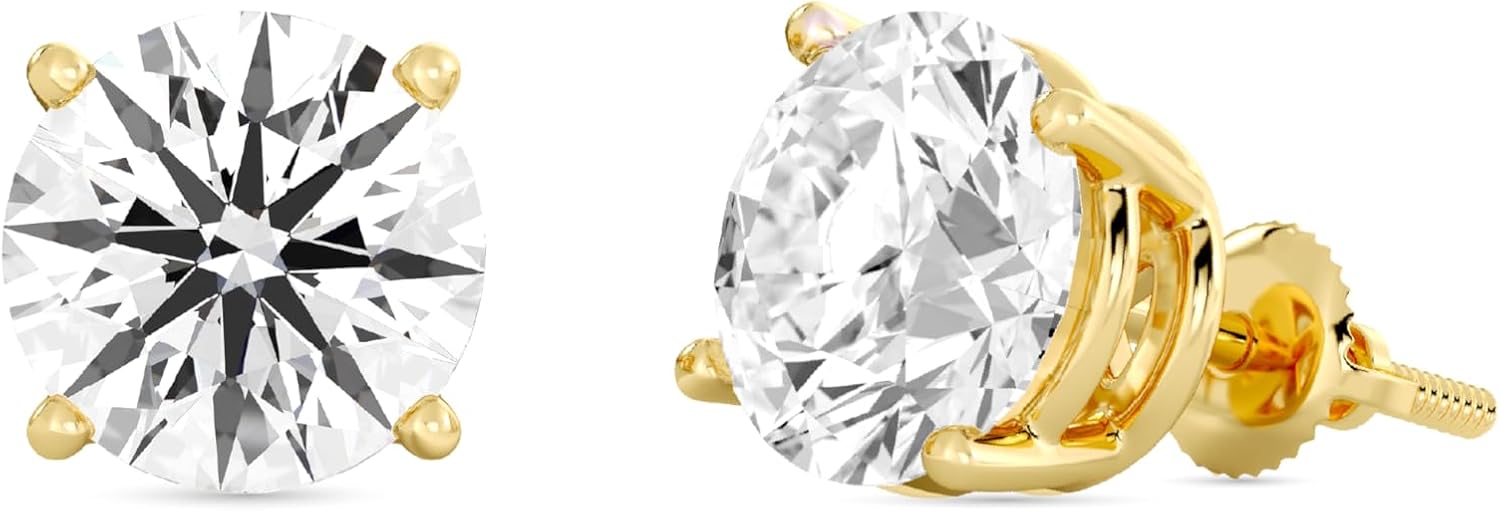 14K gold lab-grown diamond stud earrings with screw-back security, round and princess cut options, classic four-prong basket setting