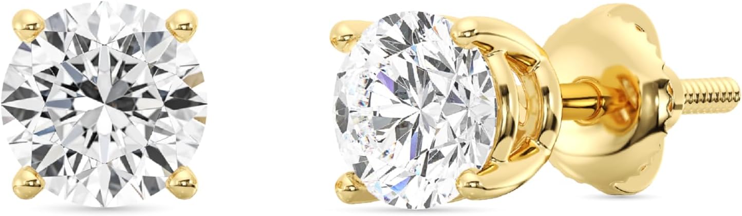 14K gold lab-grown diamond stud earrings with screw-back security, round and princess cut options, classic four-prong basket setting