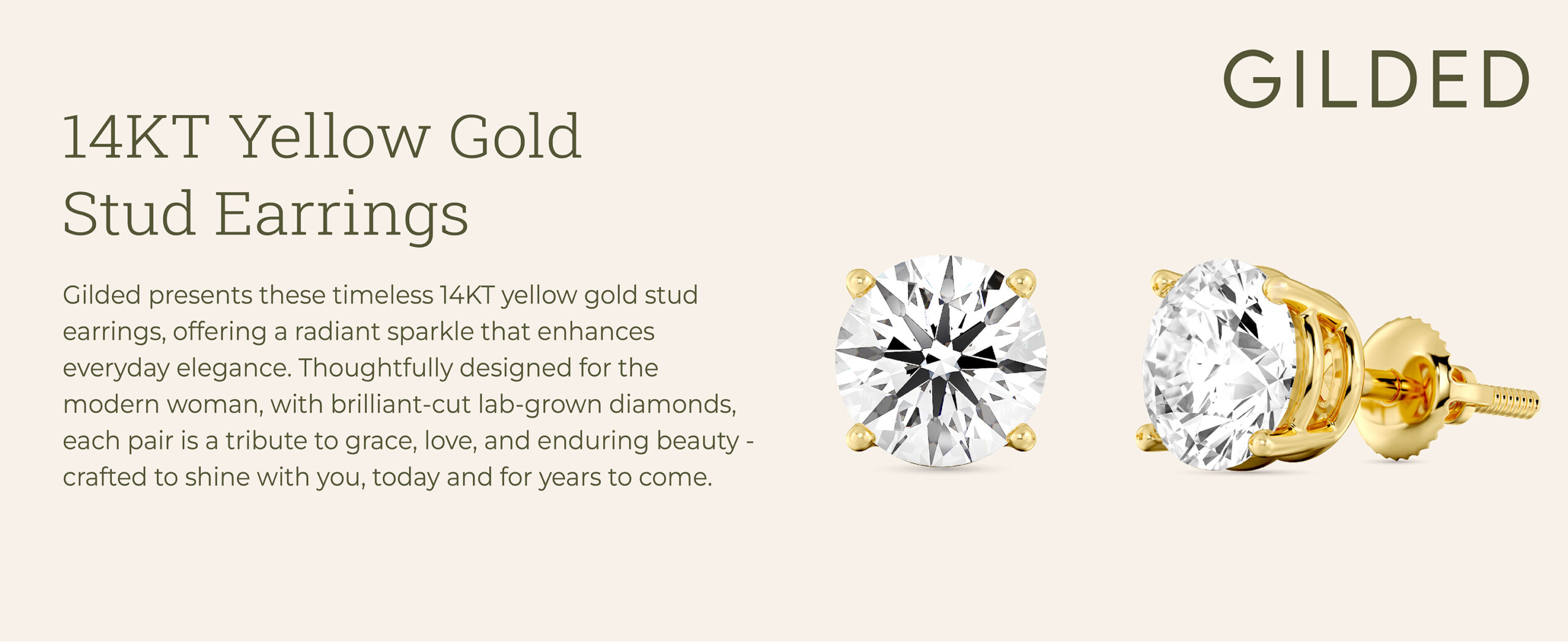 14K gold lab-grown diamond stud earrings with screw-back security, round and princess cut options, classic four-prong basket setting