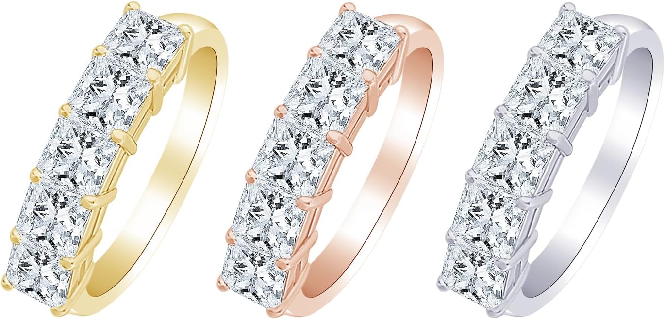 Classic 14k gold princess cut lab-grown diamond 5-stone engagement ring, E-F color VS2-SI1 clarity