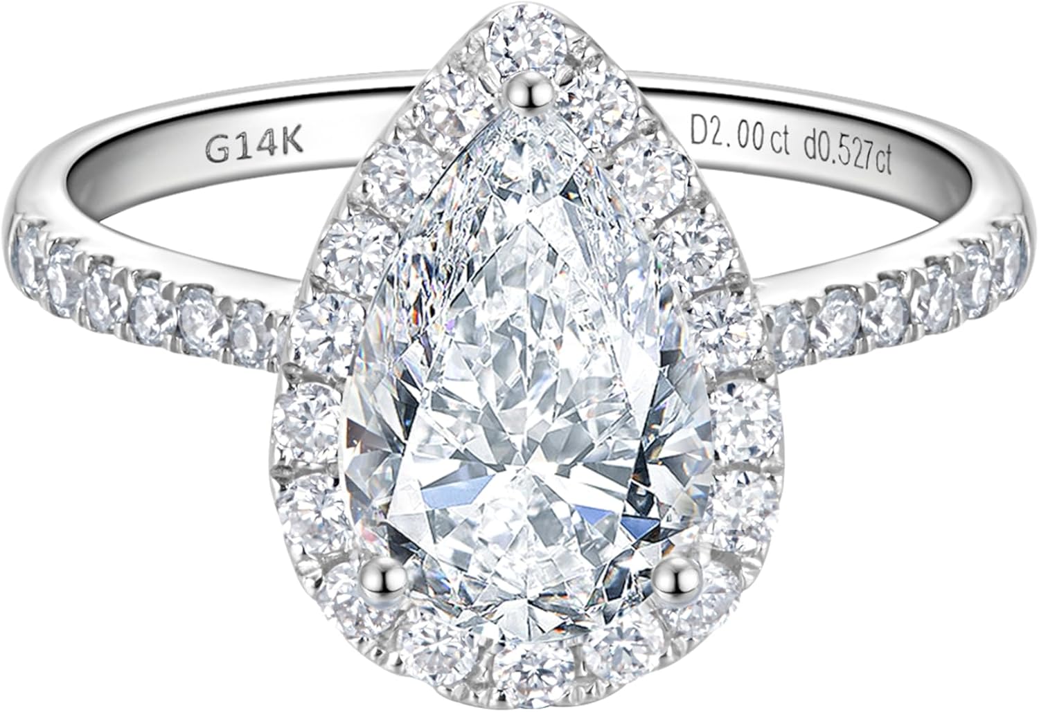 14k white gold halo engagement ring with lab-grown diamond center stone and side stone accents, classic bridal jewelry