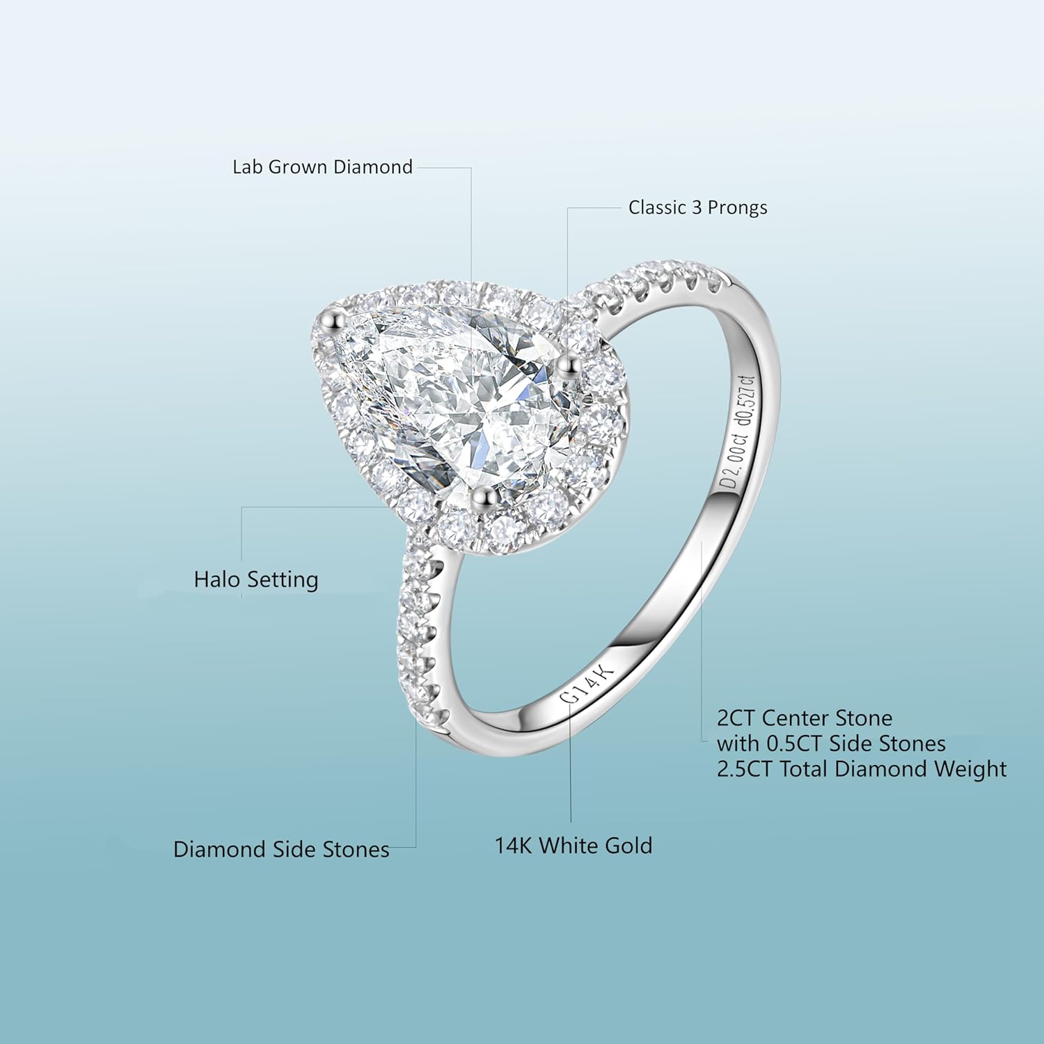 14k white gold halo engagement ring with lab-grown diamond center stone and side stone accents, classic bridal jewelry