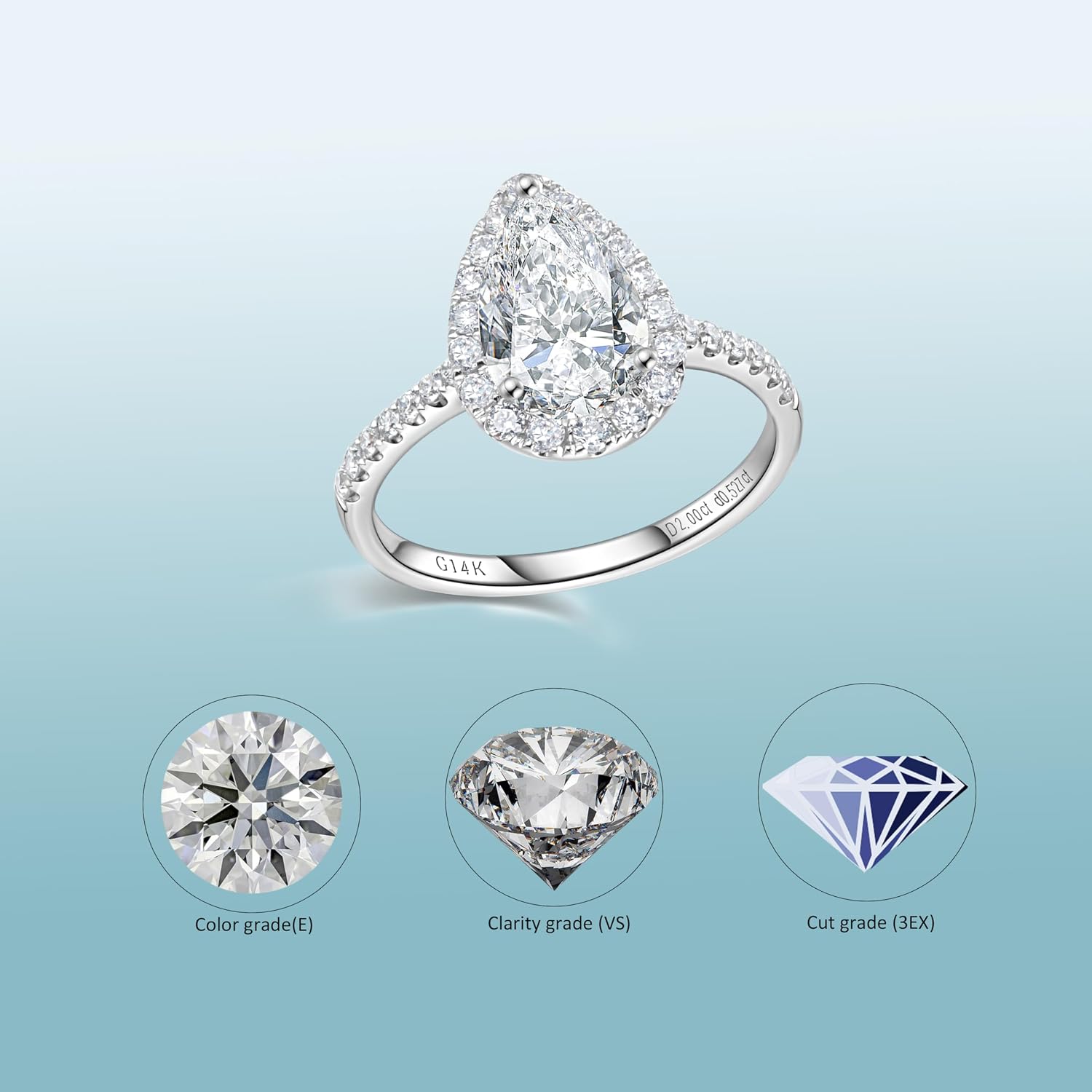 14k white gold halo engagement ring with lab-grown diamond center stone and side stone accents, classic bridal jewelry