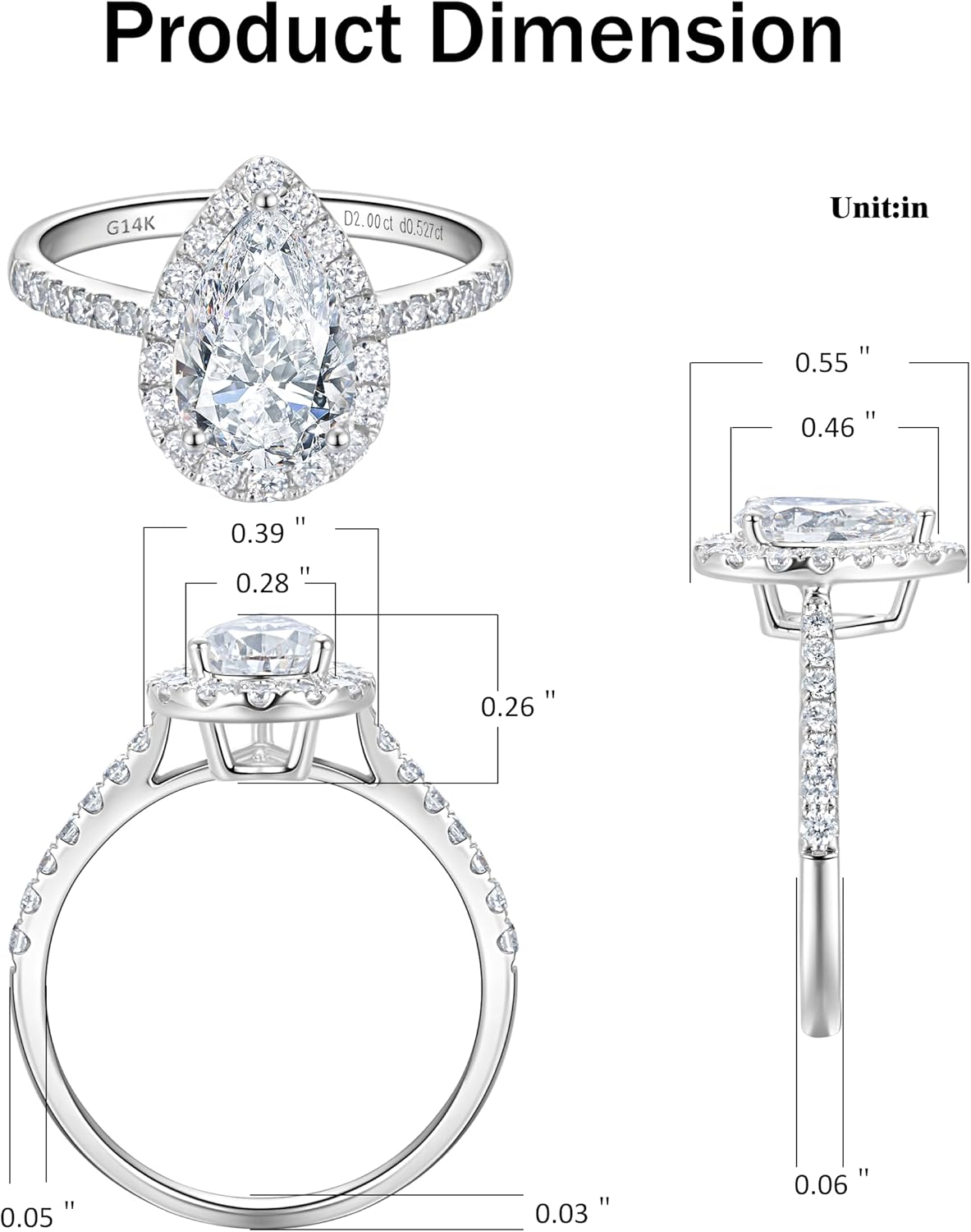 14k white gold halo engagement ring with lab-grown diamond center stone and side stone accents, classic bridal jewelry