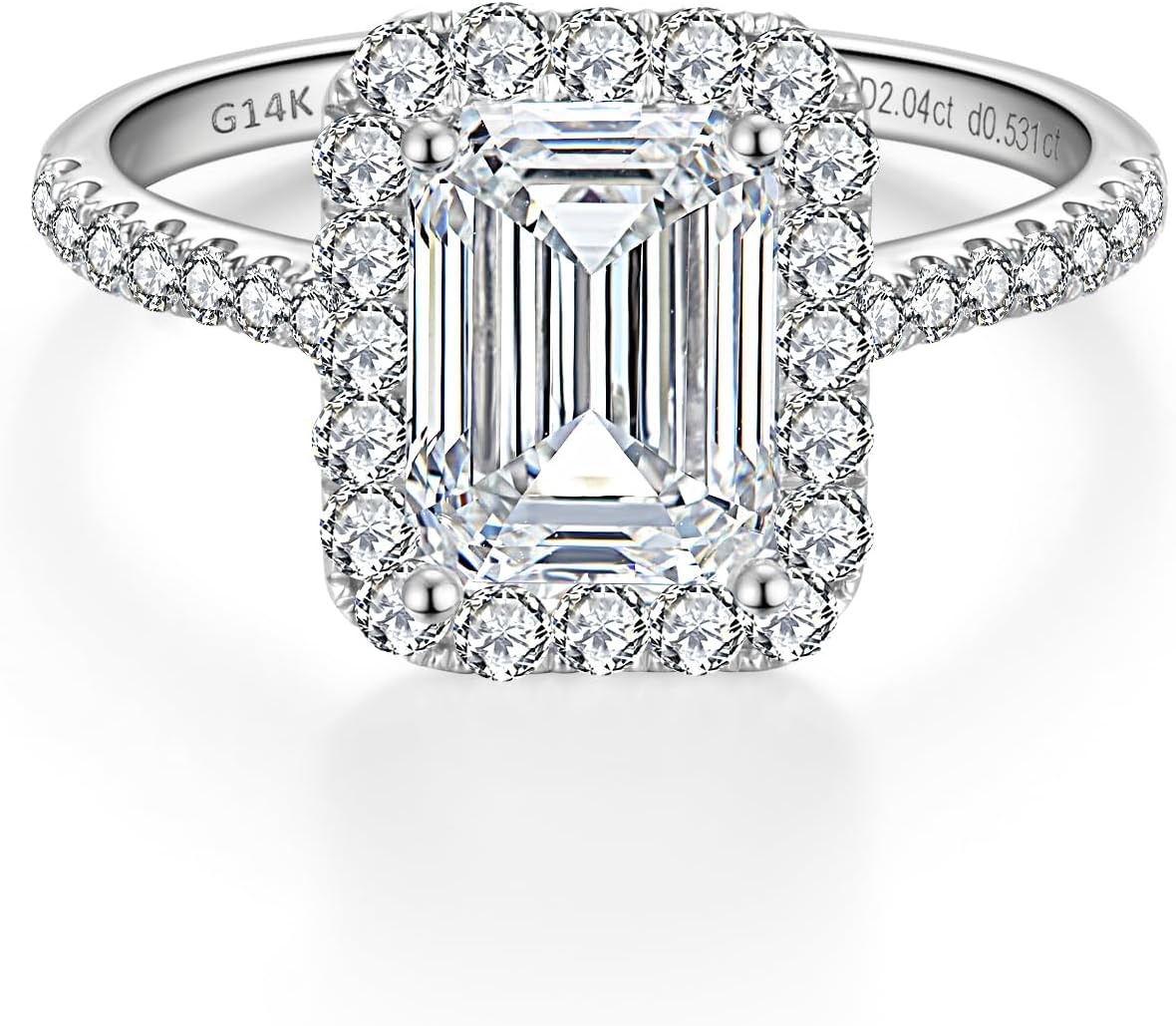 14k white gold halo engagement ring with lab-grown diamond center stone and side stone accents, classic bridal jewelry