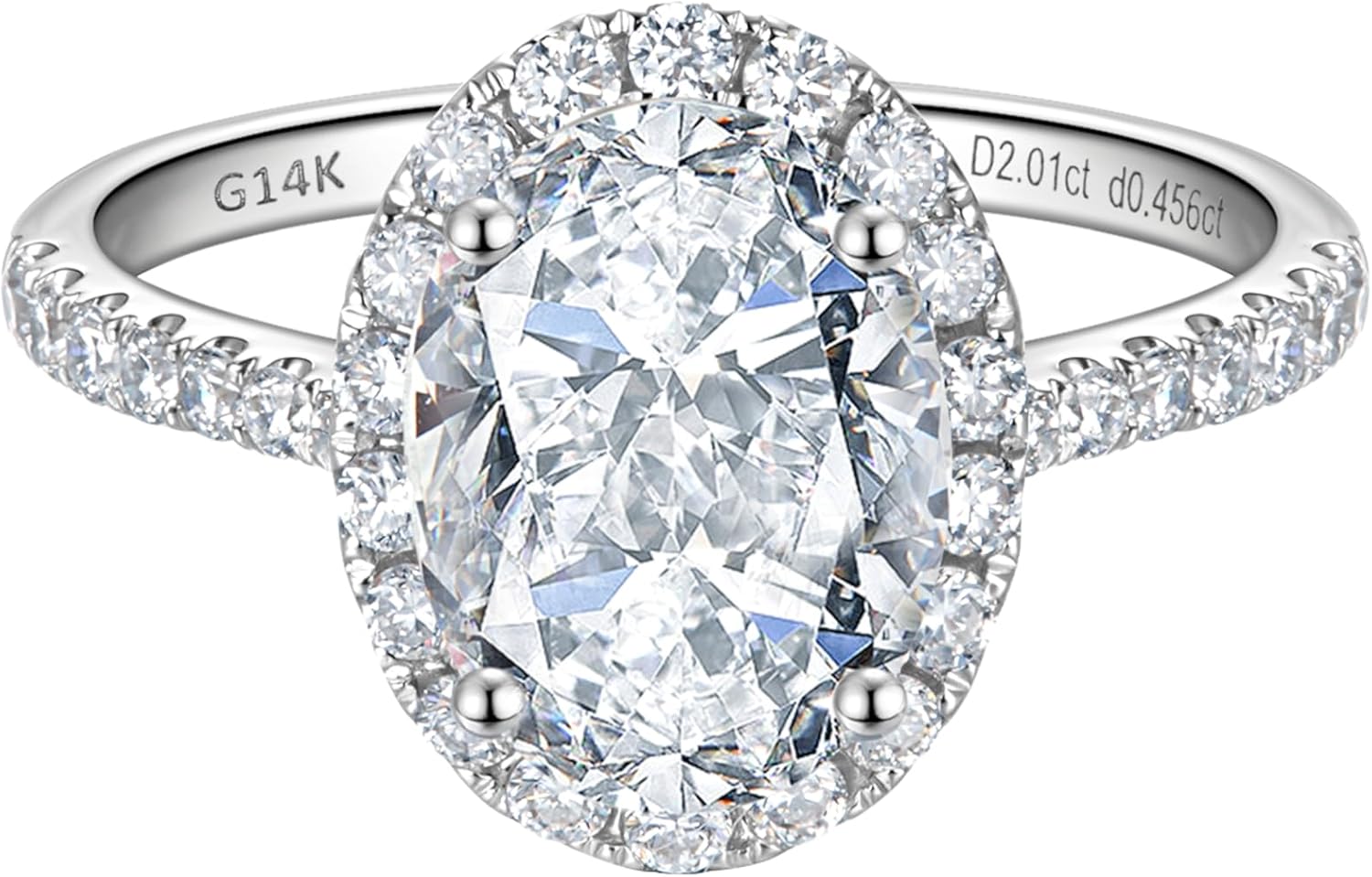 14k white gold halo engagement ring with lab-grown diamond center stone and side stone accents, classic bridal jewelry