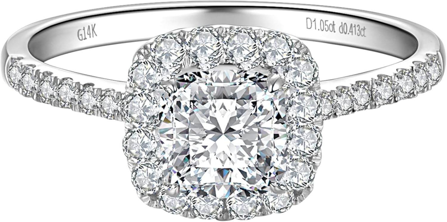 14k white gold halo engagement ring with lab-grown diamond center stone and side stone accents, classic bridal jewelry