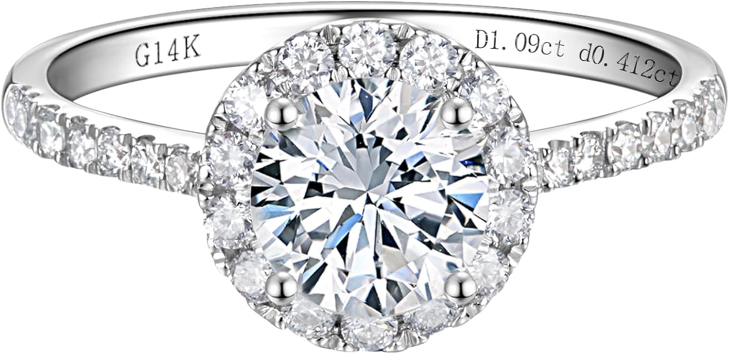 14k white gold halo engagement ring with lab-grown diamond center stone and side stone accents, classic bridal jewelry