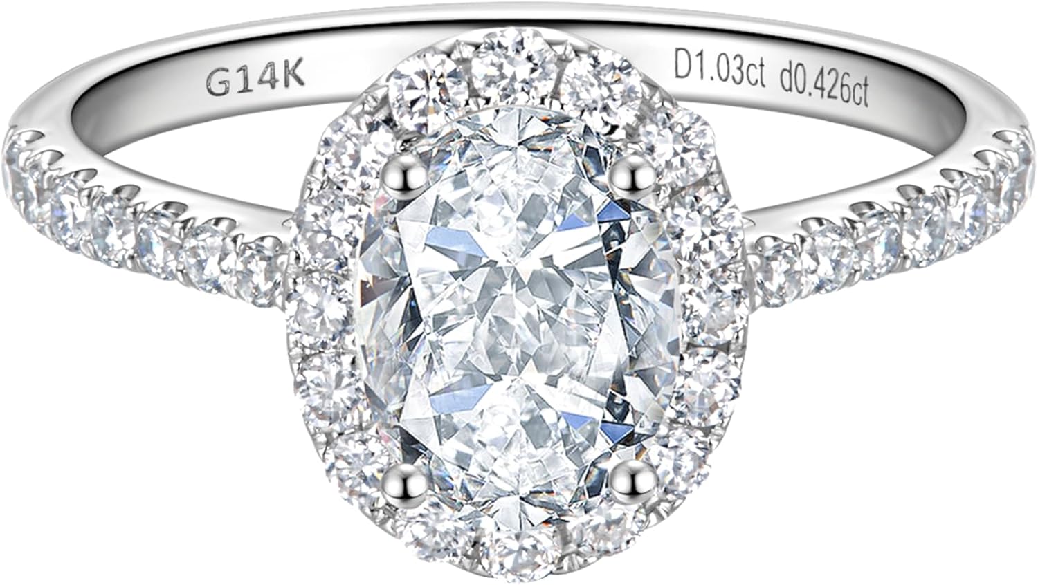 14k white gold halo engagement ring with lab-grown diamond center stone and side stone accents, classic bridal jewelry