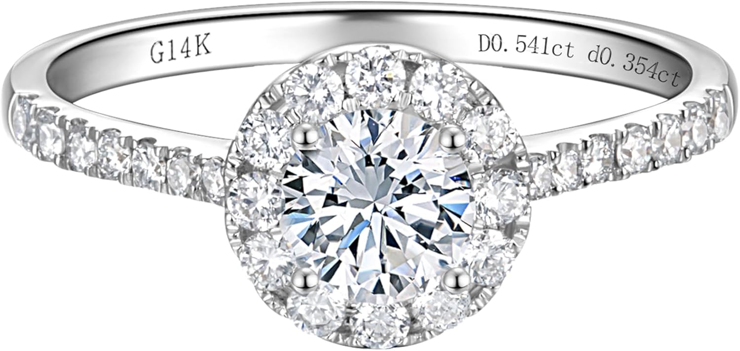 14k white gold halo engagement ring with lab-grown diamond center stone and side stone accents, classic bridal jewelry