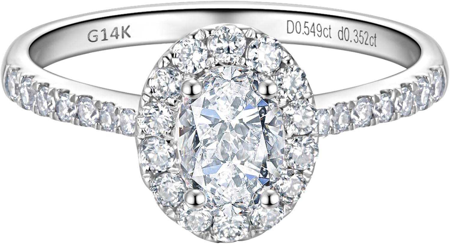 14k white gold halo engagement ring with lab-grown diamond center stone and side stone accents, classic bridal jewelry