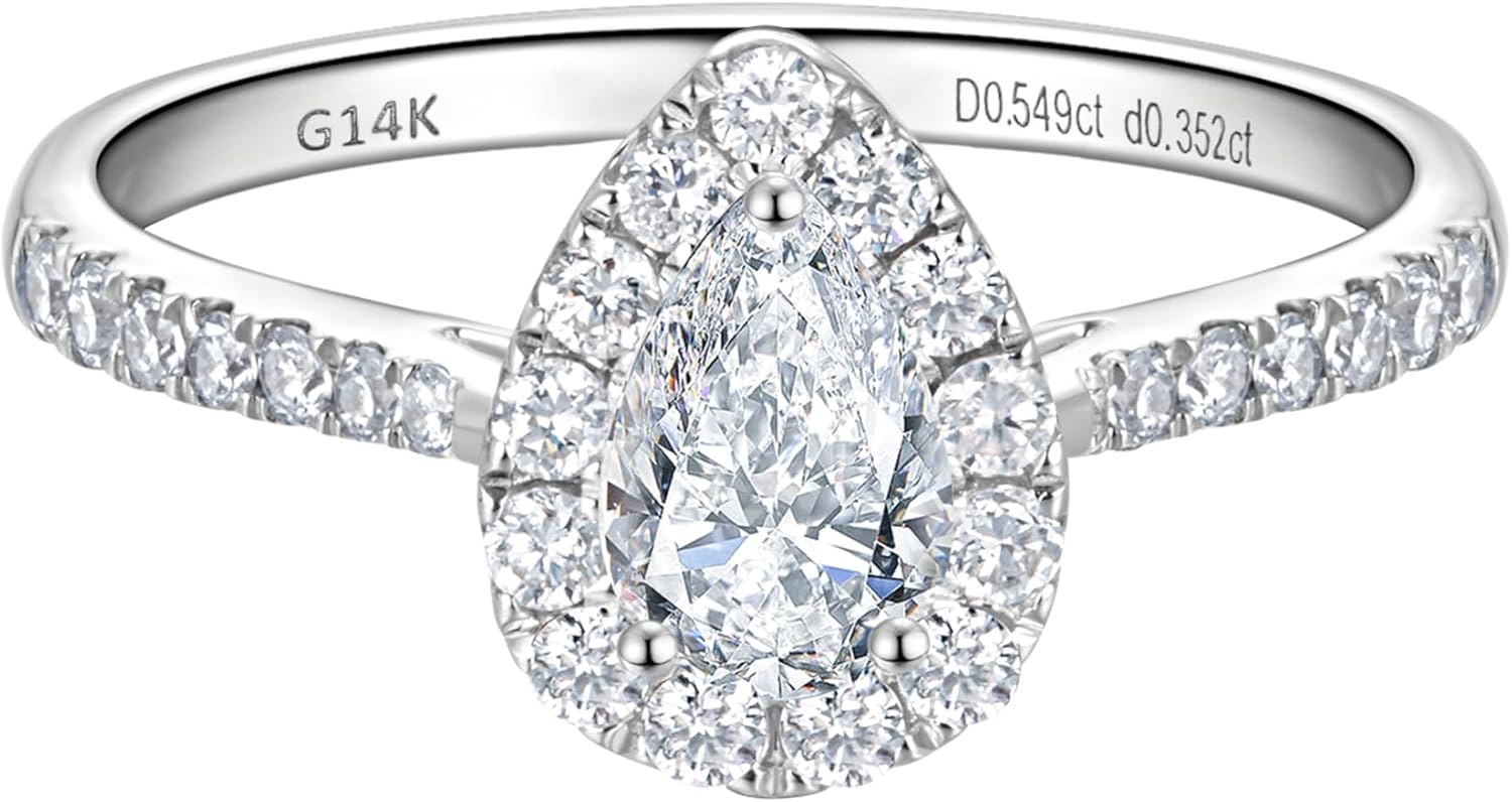 14k white gold halo engagement ring with lab-grown diamond center stone and side stone accents, classic bridal jewelry