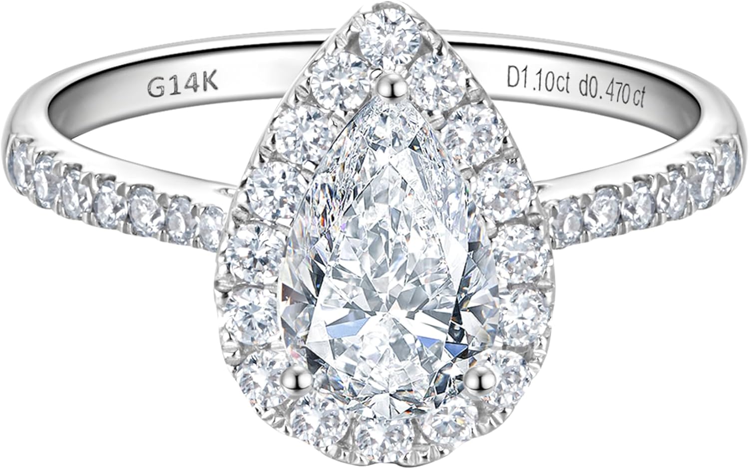 14k white gold halo engagement ring with lab-grown diamond center stone and side stone accents, classic bridal jewelry