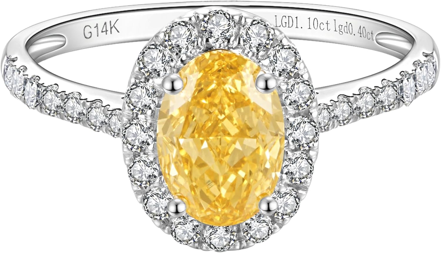 14k white gold halo engagement ring with lab-grown diamond center stone and side stone accents, classic bridal jewelry