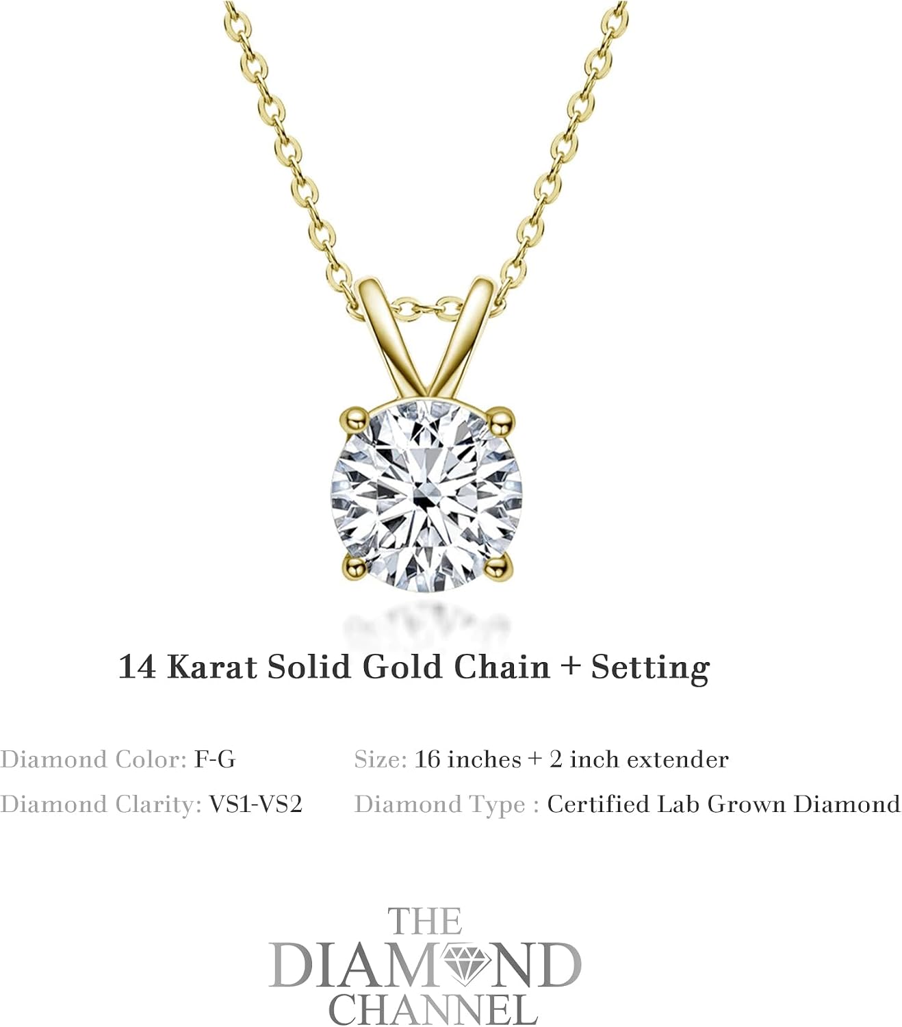 14K solid gold lab-grown diamond pendant necklace with 4-prong setting and extender chain, classic solitaire style