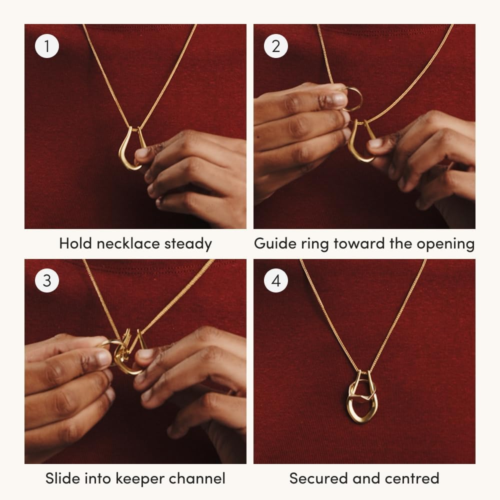 Gold-plated ring keeper necklace pendant with adjustable chain, modern wedding jewelry storage