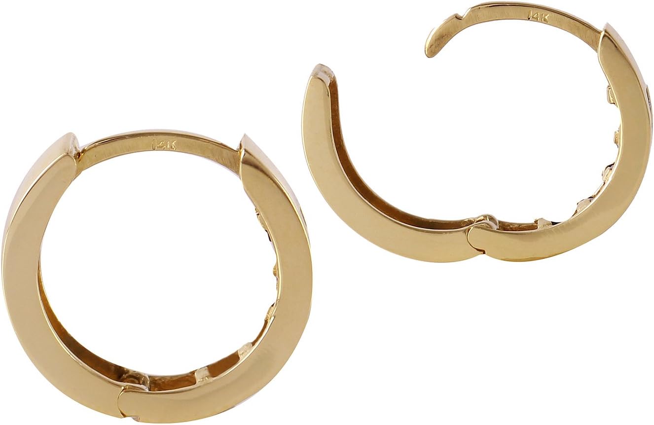 14K yellow gold aquamarine huggie hoop earrings with March birthstone gemstones, classic fine jewelry style