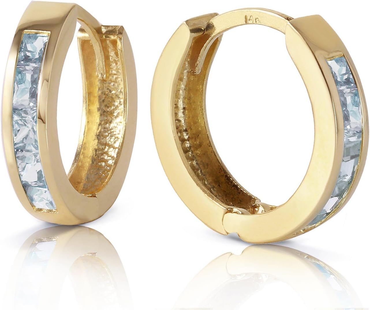 14K yellow gold aquamarine huggie hoop earrings with March birthstone gemstones, classic fine jewelry style