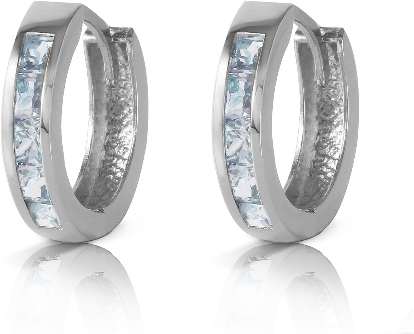 14K yellow gold aquamarine huggie hoop earrings with March birthstone gemstones, classic fine jewelry style