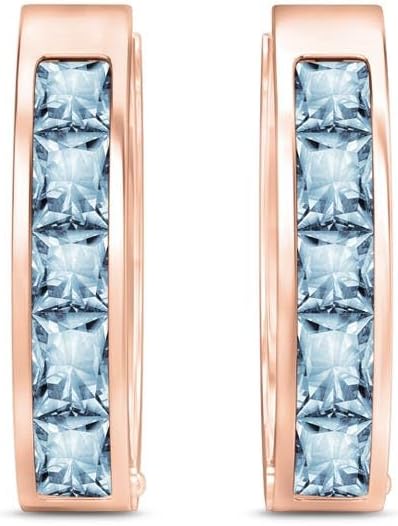 14K yellow gold aquamarine huggie hoop earrings with March birthstone gemstones, classic fine jewelry style