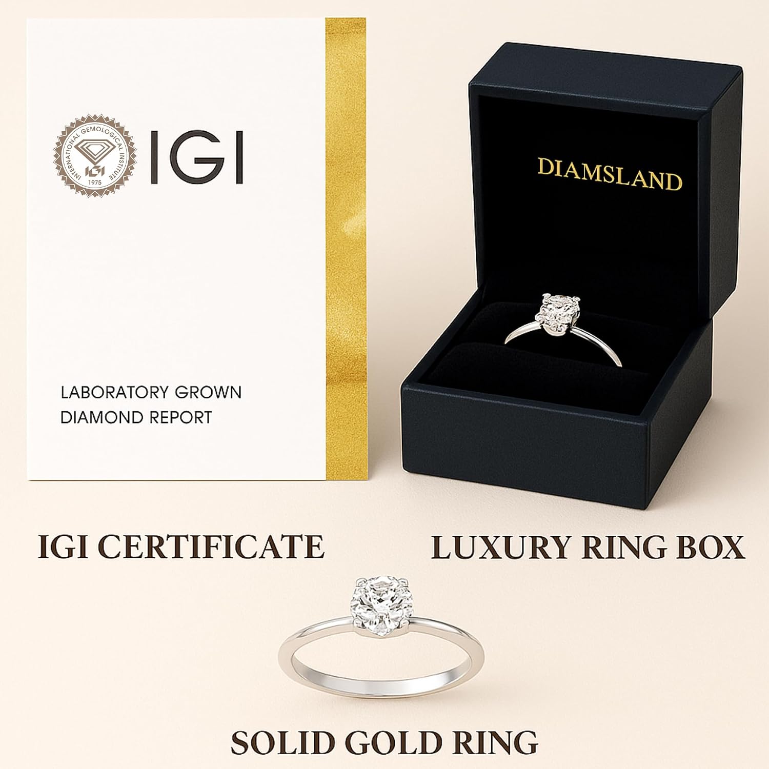 IGI certified lab grown diamond engagement ring in white, yellow, or rose gold with customizable carat weight