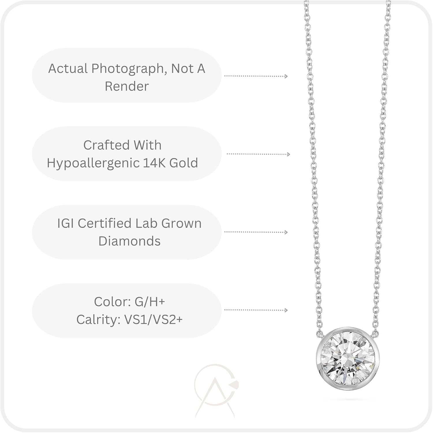 Round lab grown diamond solitaire pendant in 14K gold on 18-inch chain, classic minimalist style