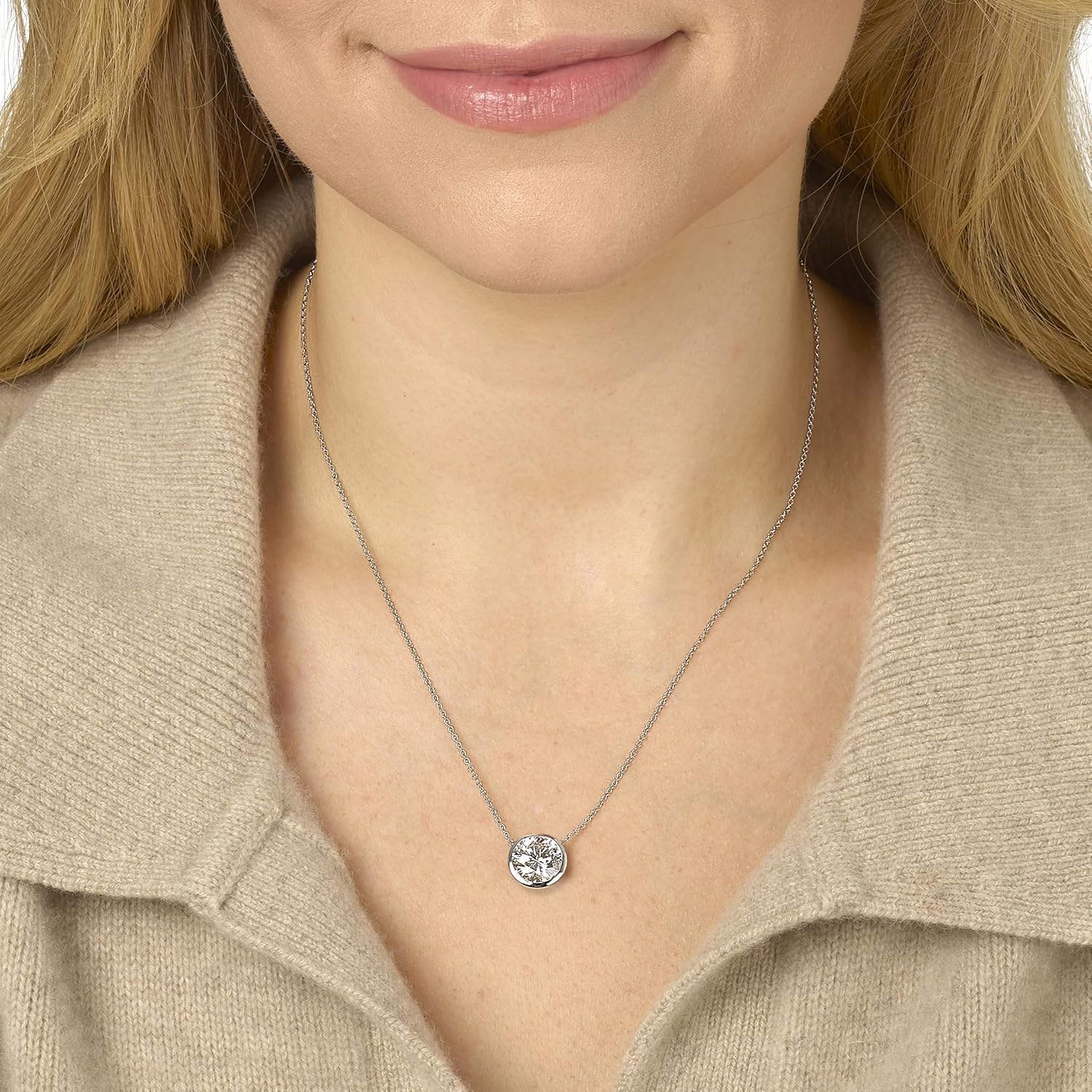 Round lab grown diamond solitaire pendant in 14K gold on 18-inch chain, classic minimalist style