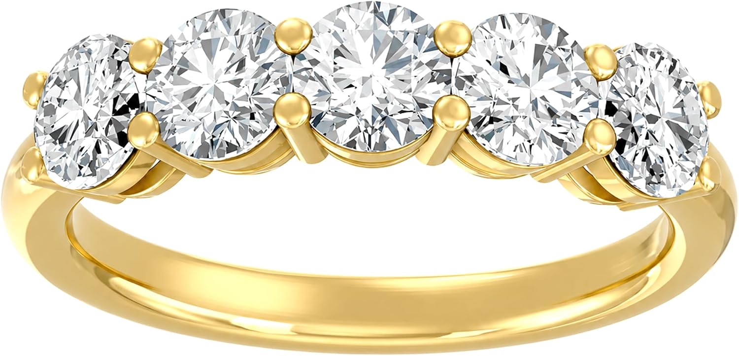 Five-stone lab grown diamond anniversary band in 14K white and yellow gold with classic solitaire styling