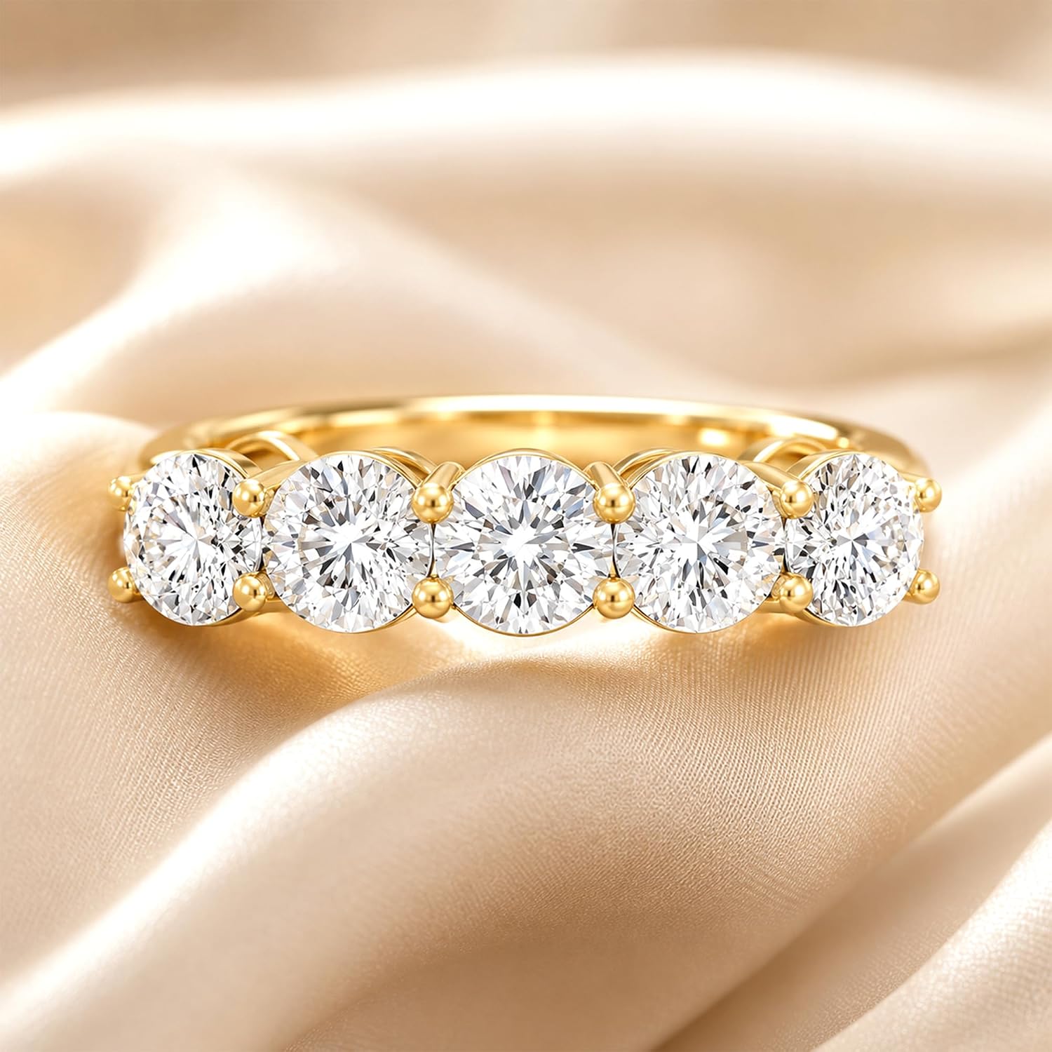 Five-stone lab grown diamond anniversary band in 14K white and yellow gold with classic solitaire styling