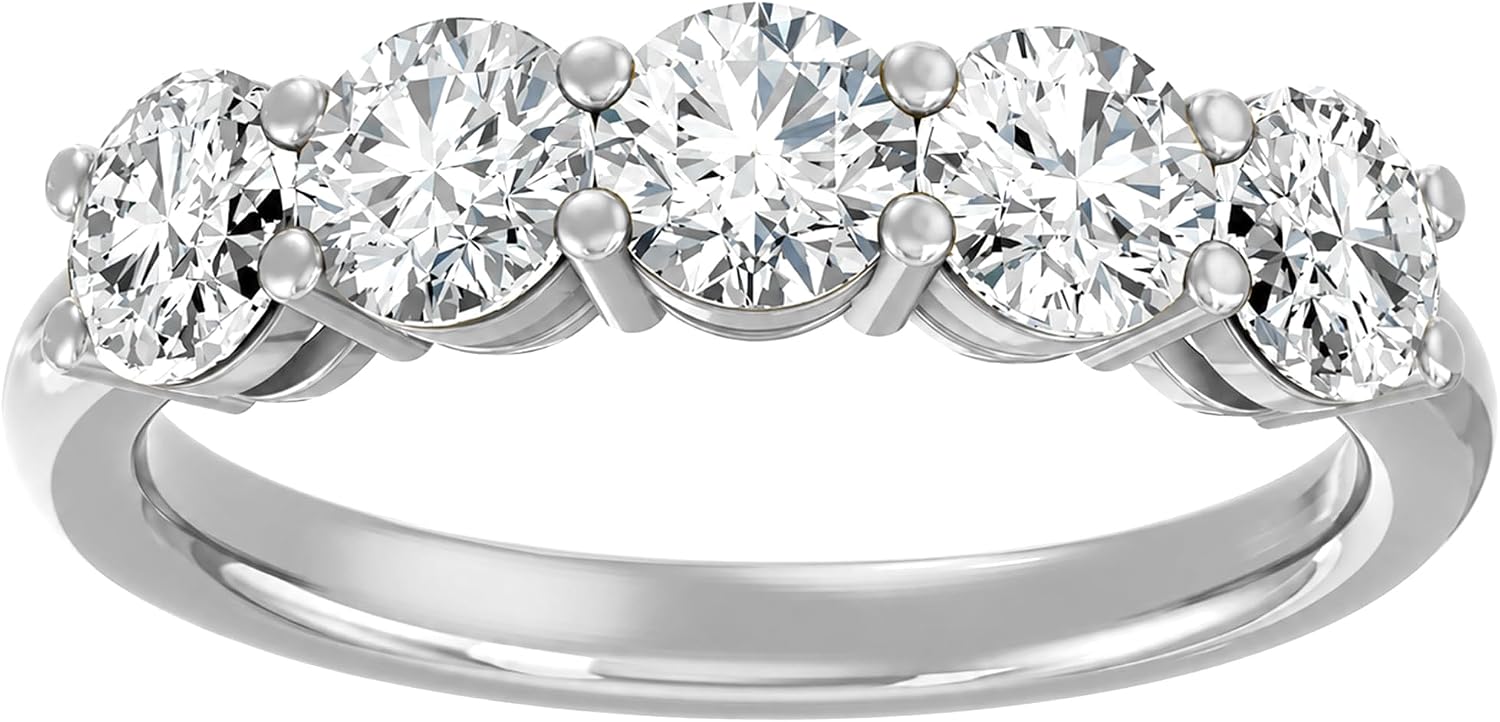 Five-stone lab grown diamond anniversary band in 14K white and yellow gold with classic solitaire styling